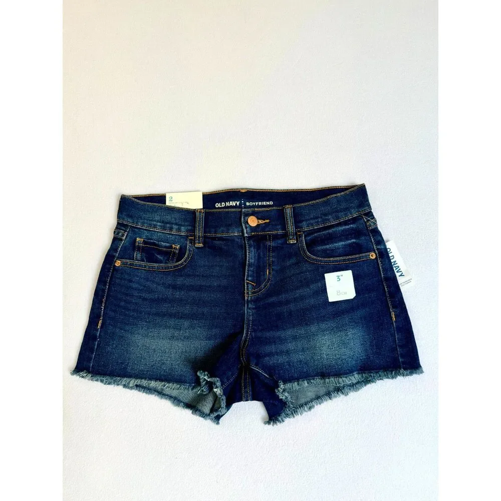 Old Navy Boyfriend Denim Shorts Women Size 2‎ Dark Wash Raw Hem Stretch NWT